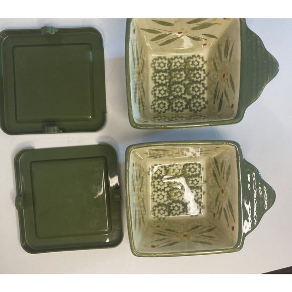 Set 2 Temptations Tara Old World Green 10 oz Square Ceramic Ramekins Lid Covered - Picture 3 of 6